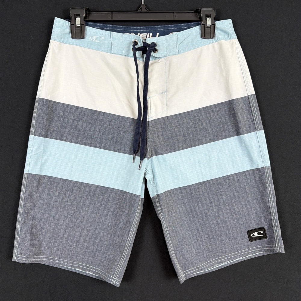 O'Neill Board Shorts Mens 29 Gray Blue  Striped Swim Trunks Suit Surf Pockets